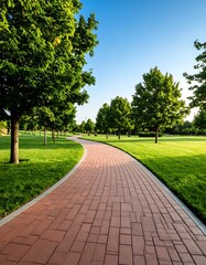 Sunny park path through green trees