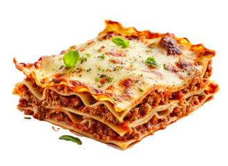Delicious lasagna layered with meat and cheese garnished with fresh herbs