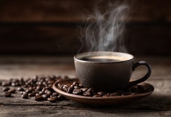 Dark coffee cup steaming on rustic wood table with coffee beans