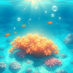 Fototapeta premium A glowing coral reef in shallow turquoise waters, fish and bubbles rendered in soft anime detail.