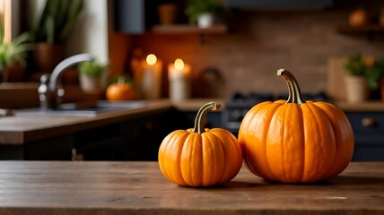 Wooden table with two carved pumpkin for halloween - big and small, blur kitchen interior with candles decorated background, for montage product display or design key visual layout. Place for text