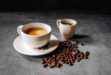 Espresso coffee cup with Americano coffee shot and roasted coffee beans on gray background