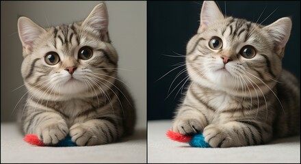 cute tabby kitten with large eyes, holding a toy, presented in two variations with different background lighting