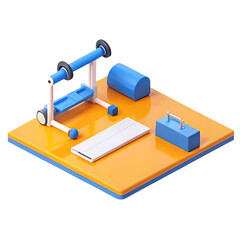 Isometric features a blue rehabilitation setup with training equipment on a vibrant orange platform