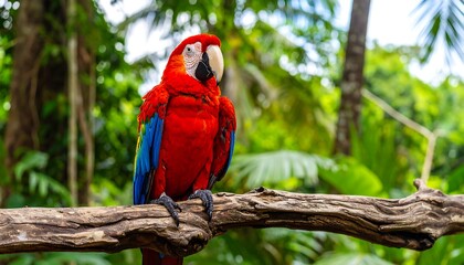 Scarlet macaw perched on a branch in a lush forest.