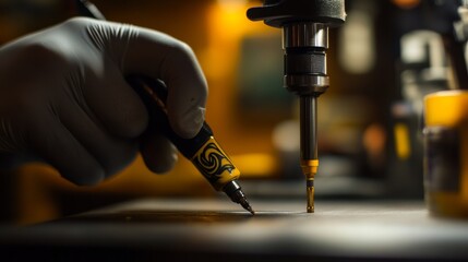 Close-up of gloved hand guiding tattoo machine steadily on skin