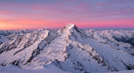 Fototapeta premium Majestic snow-covered mountain peak illuminated by a beautiful pink and purple sunrise alpenglow. A serene alpine landscape.