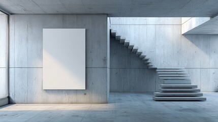 Obraz premium Minimalist Concrete Interior with Blank Poster and Staircase, Ideal for Architectural Visualization and Modern Design Mockups