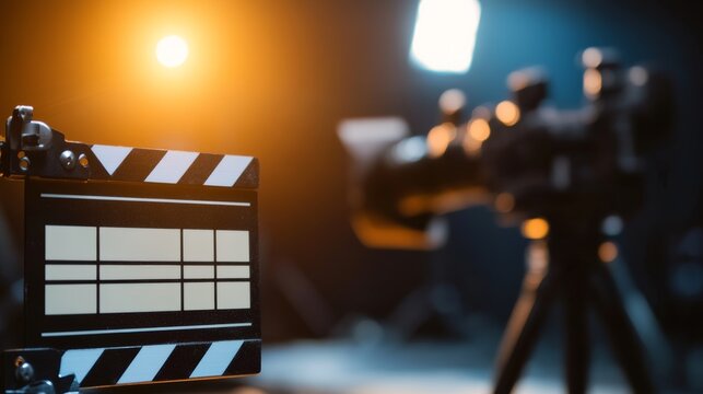 Close-up of movie clapperboard with film camera in background, authentic movie set atmosphere