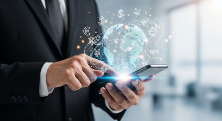 A businessman in a suit holds a smartphone, from which a glowing holographic globe and currency symbols (dollar, yen, euro) emerge, symbolizing fintech and global finance. The background is a modern o