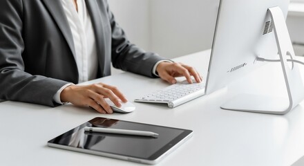 Side-view of a person in a corporate environment using a desktop computer and mouse. The setup includes a tablet, showing a multi-device workflow.