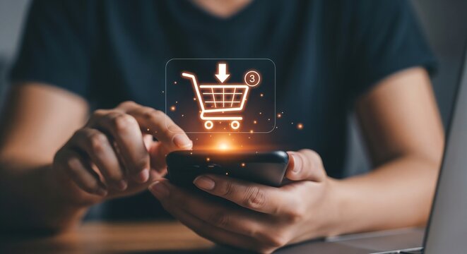 A woman's hands add an item to her online shopping cart using a smartphone. A luminous orange shopping cart hologram is displayed above the device. A laptop is visible in the background. - Powered by Adobe