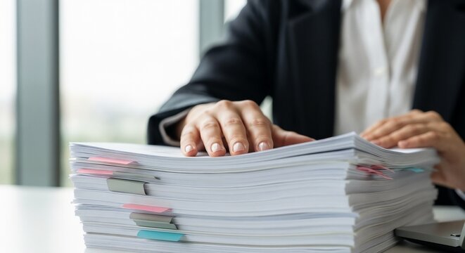 A business person's hand rests on a large stack of documents with colorful tabs, representing a heavy workload, researc