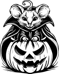 SVG of Halloween rodents wearing witch hats and posing with pumpkins. Cute Mouse in a Cape Sitting on a Halloween Pumpkin Graphic Design