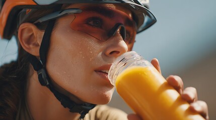 Woman cyclist drinking orange juice refreshment after biking workout for fitness and health outdoors activity