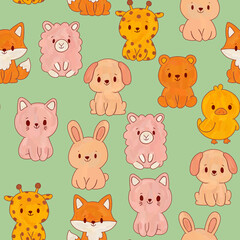 Toy little animals seamless pattern. Icons of kind animals kids green wallpaper. Illustration for baby textiles and clothes