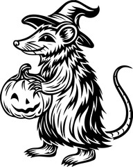 SVG of Halloween rodents wearing witch hats and posing with pumpkins. Cute Cartoon Opossum in Witch Hat Holding a Jack-O'-Lantern