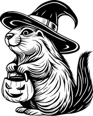 SVG of Halloween rodents wearing witch hats and posing with pumpkins. Adorable Witchy Dog in Festive Halloween Costume with Pumpkin Bag