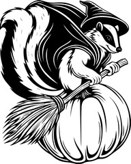 SVG of Halloween rodents wearing witch hats and posing with pumpkins. Black and White Illustration of Badger Wizard Riding Pumpkin Broom