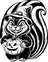 SVG of Halloween rodents wearing witch hats and posing with pumpkins. Happy Halloween Chipmunk with Pumpkin and Witch Hat Illustration