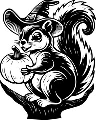 SVG of Halloween rodents wearing witch hats and posing with pumpkins. Squirrel in Witch Hat Holding Pumpkin Illustration for Fall Decor