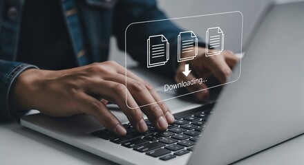 Concept of downloading files from the internet, with a minimalist graphic showing a download in progress on a user's computer screen.