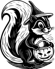 SVG of Halloween rodents wearing witch hats and posing with pumpkins. Vintage Halloween Squirrel with Trick or Treat Pumpkin Bucket