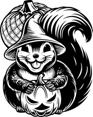 SVG of Halloween rodents wearing witch hats and posing with pumpkins. Cheerful Squirrel with Pumpkin and Acorn Hat for Halloween Theme