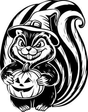SVG of Halloween rodents wearing witch hats and posing with pumpkins. Happy Halloween Chipmunk with Pumpkin and Witch Hat Illustration