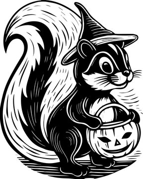SVG of Halloween rodents wearing witch hats and posing with pumpkins. Vintage Halloween Squirrel with Trick or Treat Pumpkin Bucket