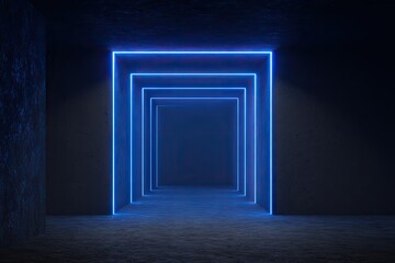 Obraz premium Neon blue light framed corridor in a dark interior space.