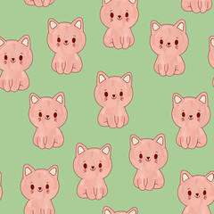 Toy pink little kittens seamless pattern. Icons of kind animals kids green wallpaper. Illustration for baby textiles and clothes