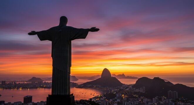 Dramatic sunrise view of Rio with monument silhouette and cityscape