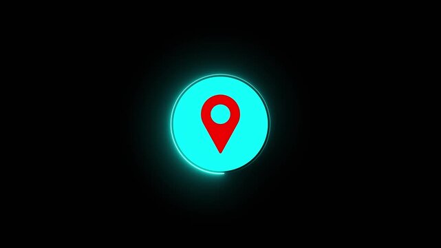 animated glowing location pin button for a navigation app or website interface,glowing  cyan neon location pin icon for gps navigation, map marker on black background.