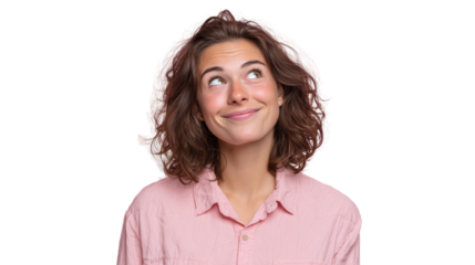 A young woman with curly hair looking upwards with a thoughtful expression, isolated on a white background.