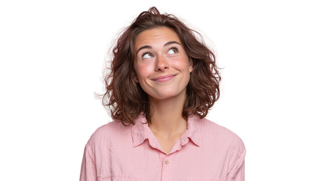 A young woman with curly hair looking upwards with a thoughtful expression, isolated on a white background.