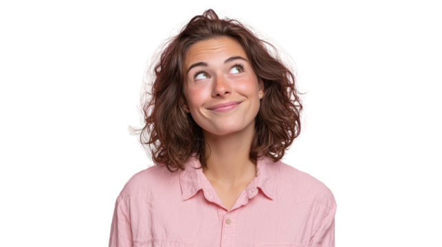 A young woman with curly hair looking upwards with a thoughtful expression, isolated on a white background.