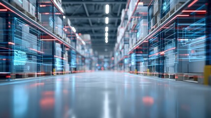 Futuristic Warehouse Interior with Digital Overlay, Smart Logistics and Supply Chain Management