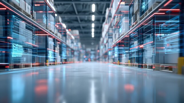 Futuristic Warehouse Interior with Digital Overlay, Smart Logistics and Supply Chain Management - Powered by Adobe