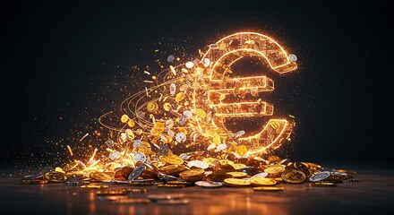 A radiant Euro currency symbol made of glowing particles and light, dissolving over a heap of shiny gold coins.