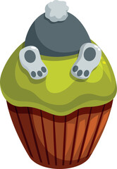 Chocolate muffin decorated for easter celebrations with bunny paws and beanie sticking out of green icing