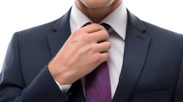 Businessman adjusting tie with confidence, isolated on white background.