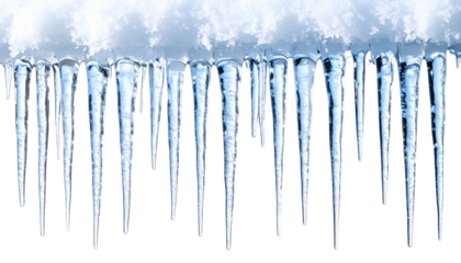 Row of icicles hanging from melting snow, set against a pristine white background, evoking a serene winter scene perfect for seasonal celebrations and holiday themes