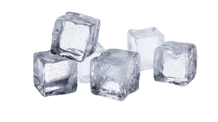 Clear ice cubes stacked, perfect for refreshing drinks, isolated on white background.