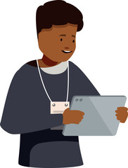 Young man wearing lanyard using tablet device