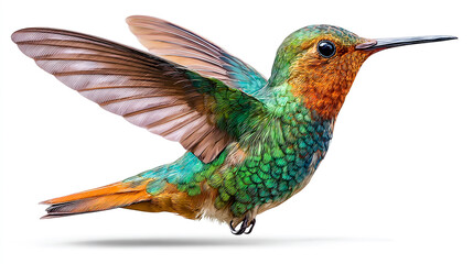 Realistic flying hummingbird, with vibrant colors, on a white background