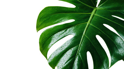 Close-up of a vibrant green monstera leaf on a white isolated background.