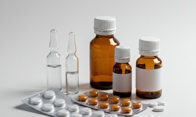 An assortment of pharmaceutical products, including various medical bottles, glass ampoules, and blister packs with pills on a white background.