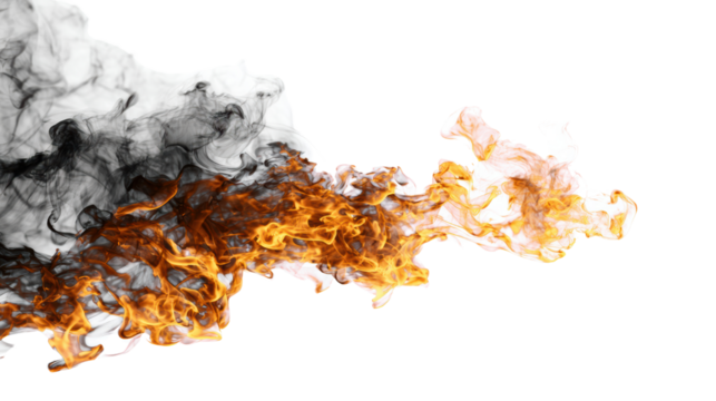 Colorful flames and smoke effect, suitable for creative designs or backgrounds, isolated on white.