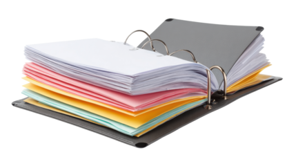 Colorful stack of paper sheets organized in a black binder on a white isolate background.